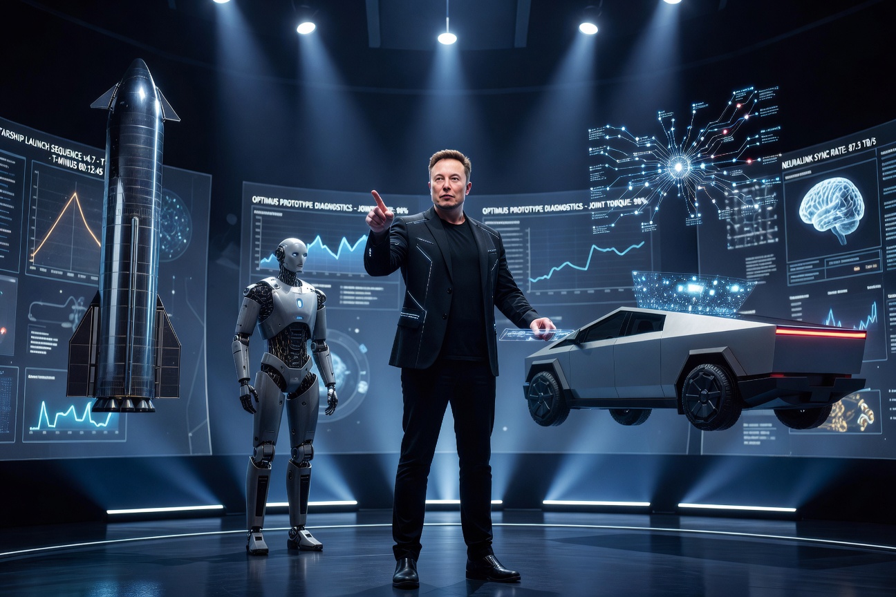 Elon Musk standing before a vast constellation of futuristic technologies