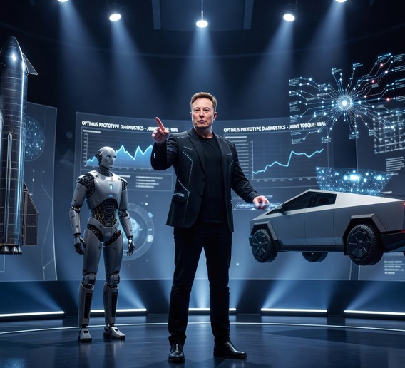 Elon Musk as a visionary architect standing at the center of a vast holographic control room, surrounded by floating 3D models of Starship rockets, humanoid robots, neural interface diagrams, electric vehicles, and glowing AI neural networks, dramatic cinematic lighting with deep blues and electric whites, photorealistic, ultra-detailed, sense of vast ambition and human potential