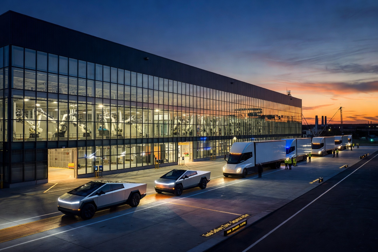 Tesla Cybertruck and Semi trucks rolling off a futuristic Gigafactory assembly line at dusk
