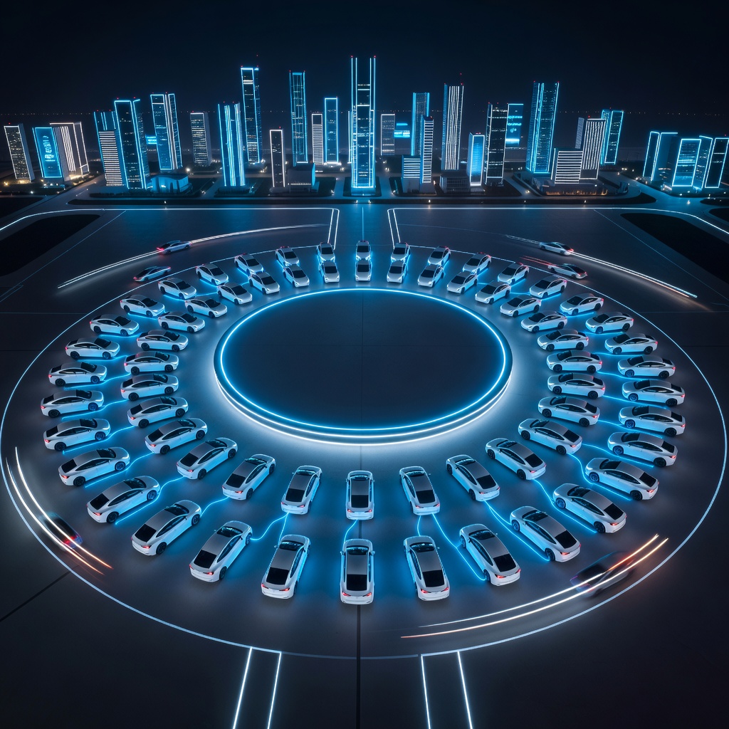 Futuristic Tesla robotaxi fleet parked in a glowing autonomous vehicle hub at night