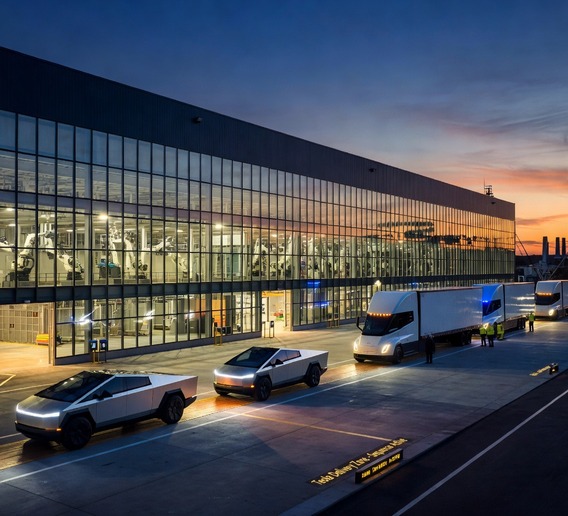 A photorealistic wide-angle view of a gleaming Tesla Gigafactory at dusk, with a line of silver Cybertruck vehicles and white Tesla Semi trucks rolling off the production line onto an illuminated delivery pad, industrial robots visible through massive glass factory walls, warm amber and electric blue lighting, cinematic atmosphere, sense of massive industrial scale and technological precision