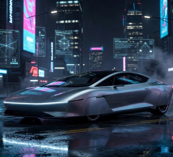 A futuristic sleek silver wedge-shaped autonomous Cybercab vehicle with no steering wheel gliding silently through a rain-slicked neon-lit urban street at night, surrounded by holographic navigation overlays, cinematic lighting, hyper-realistic photography style, dramatic low angle shot emphasizing the vehicle's streamlined profile against a glowing cityscape