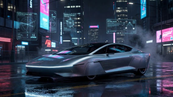 A futuristic sleek silver wedge-shaped autonomous Cybercab vehicle with no steering wheel gliding silently through a rain-slicked neon-lit urban street at night, surrounded by holographic navigation overlays, cinematic lighting, hyper-realistic photography style, dramatic low angle shot emphasizing the vehicle's streamlined profile against a glowing cityscape