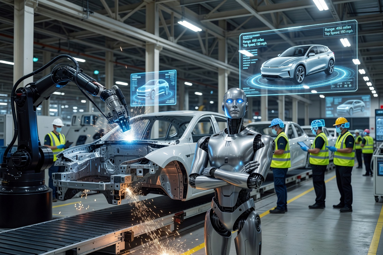 Tesla Optimus humanoid robot on a factory floor surrounded by futuristic manufacturing equipment