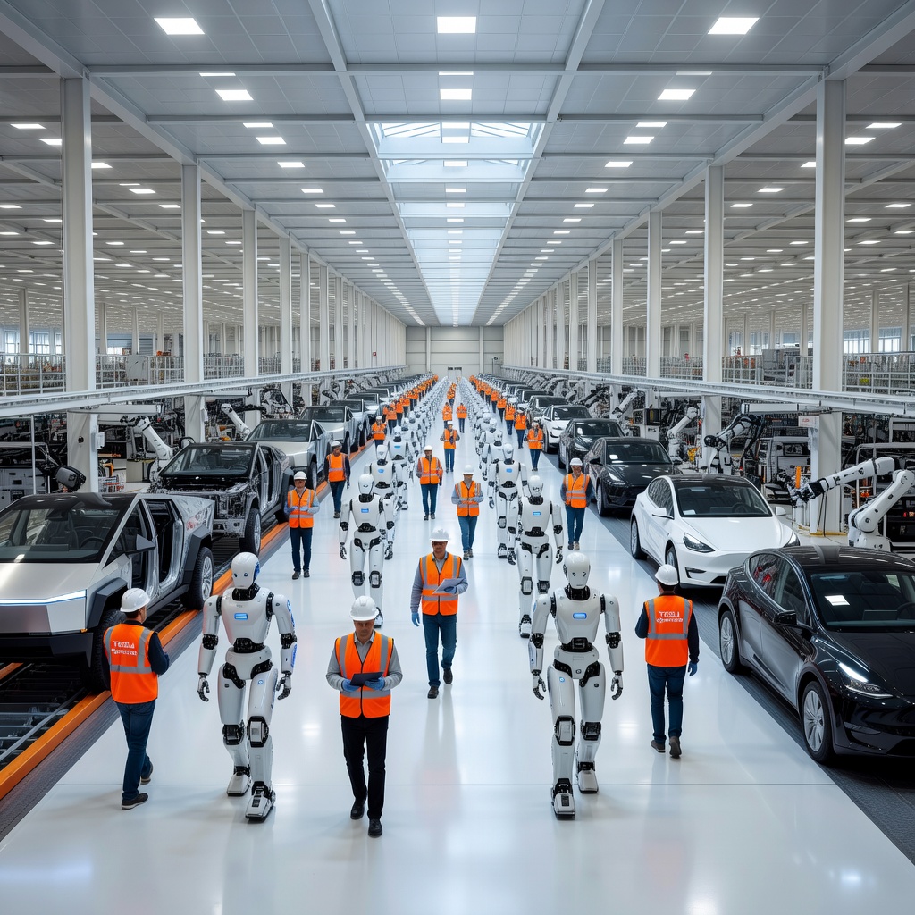 Futuristic vision of multiple Optimus robots working alongside humans in a bright Tesla Gigafactory