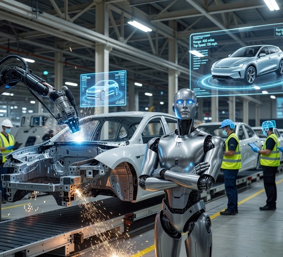 A sleek silver humanoid robot with glowing blue sensor eyes stands confidently on a brightly lit modern factory floor surrounded by advanced electric vehicle manufacturing equipment, robotic arms, conveyor belts, and holographic data displays, photorealistic, cinematic lighting, high-tech atmosphere, sense of industrial scale and human-robot collaboration