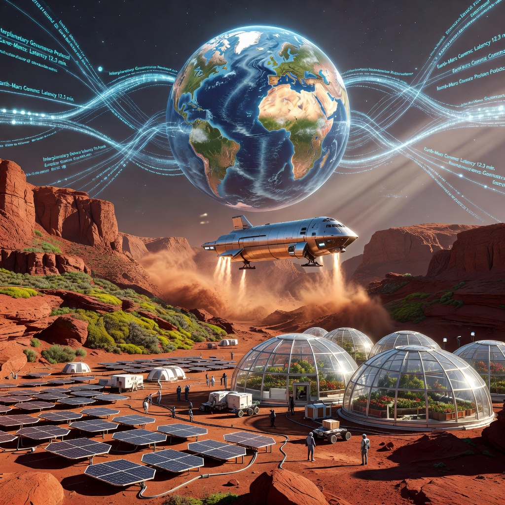 Futuristic lunar base with Starship lander and international flags representing governance complexity