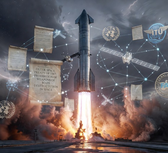 Dramatic wide-angle photorealistic digital art of a massive Starship rocket launching into a stormy twilight sky, with transparent overlays of legal documents, satellite constellations, international treaty texts, and regulatory agency seals surrounding the rocket like a web of governance, representing the tension between technological ambition and institutional control, cinematic lighting, ultra-detailed, futuristic