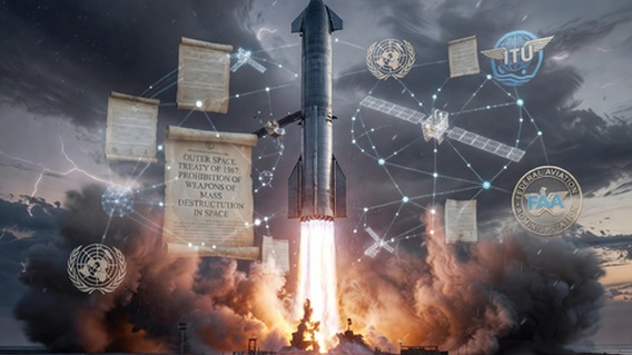 Dramatic wide-angle photorealistic digital art of a massive Starship rocket launching into a stormy twilight sky, with transparent overlays of legal documents, satellite constellations, international treaty texts, and regulatory agency seals surrounding the rocket like a web of governance, representing the tension between technological ambition and institutional control, cinematic lighting, ultra-detailed, futuristic