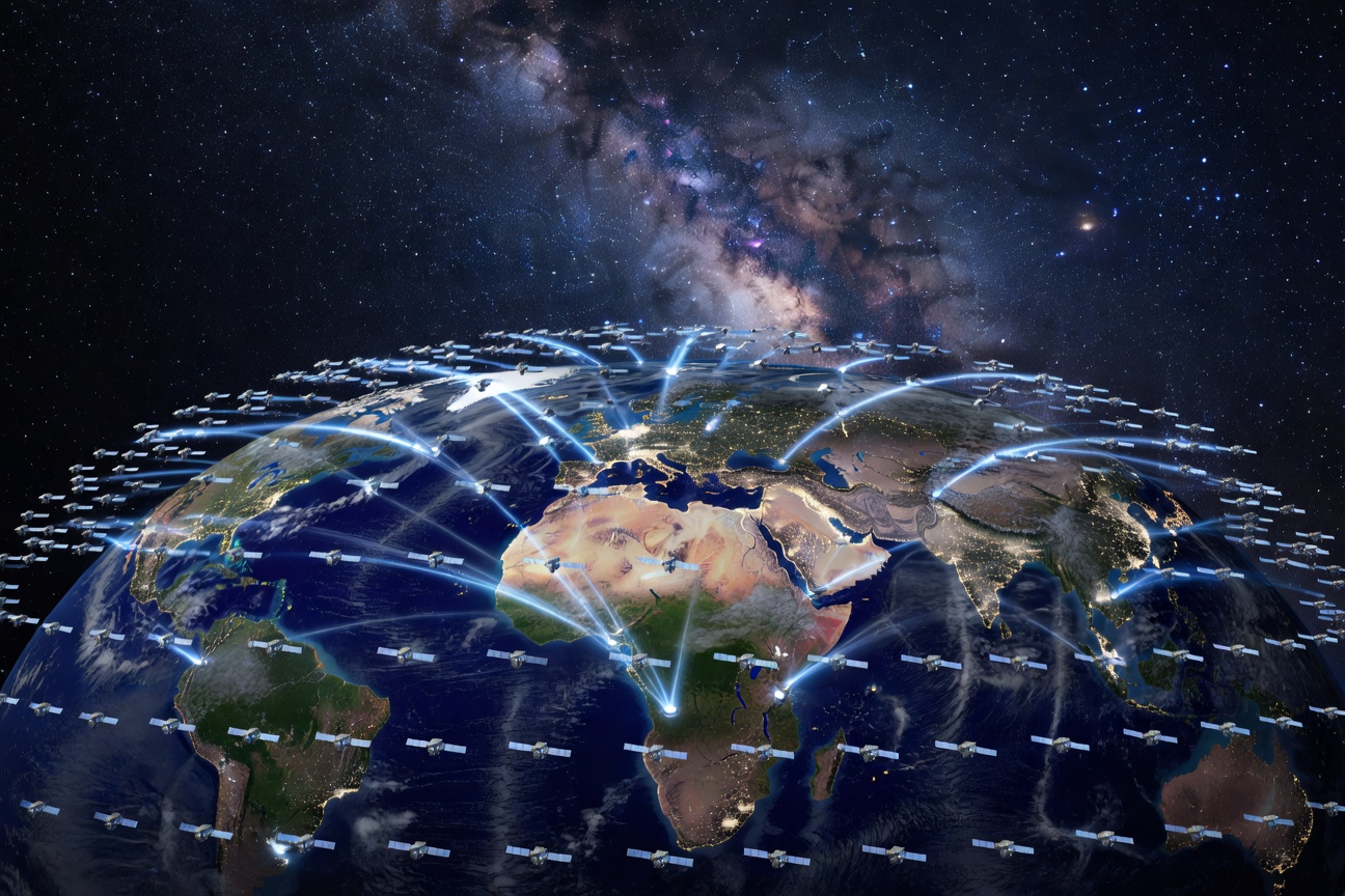 Dense constellation of LEO satellites blanketing Earth in a web of connectivity beams