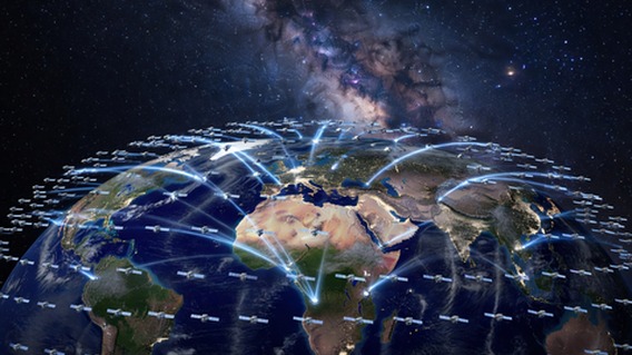 Epic photorealistic visualization of thousands of small LEO satellites forming a dense luminous web around Earth as seen from low orbit, blue-white signal beams connecting satellites to ground terminals across Africa, Asia, and the Americas, ultra-detailed Earth surface with city lights visible below, deep space background with the Milky Way, cinematic wide-angle composition, 8K resolution scientific illustration style