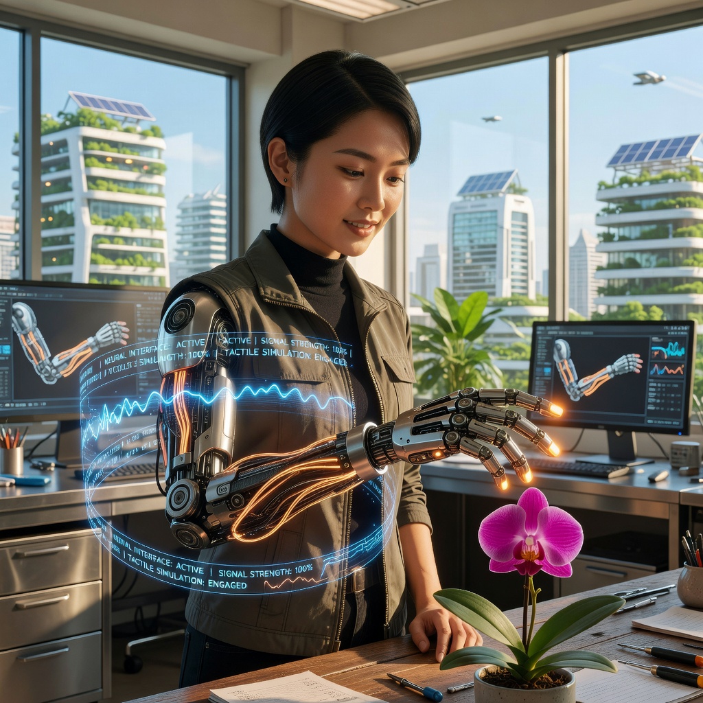 Person with a bionic prosthetic arm interfacing with neural signals in a bright research lab surrounded by holographic data displays