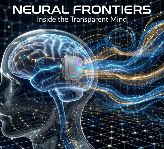 Hyperrealistic futuristic visualization of a transparent human head profile with glowing neural pathways and a sleek silver microchip implant embedded near the cortex, streams of luminous blue and gold data flowing outward from the brain into a digital network grid, cinematic lighting, ultra high detail, photorealistic render, science magazine cover quality