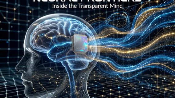 Hyperrealistic futuristic visualization of a transparent human head profile with glowing neural pathways and a sleek silver microchip implant embedded near the cortex, streams of luminous blue and gold data flowing outward from the brain into a digital network grid, cinematic lighting, ultra high detail, photorealistic render, science magazine cover quality