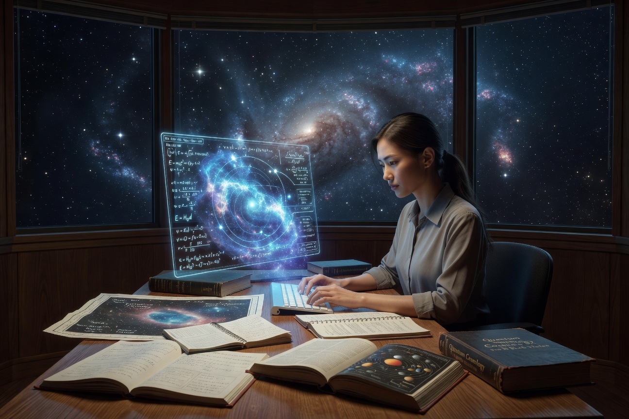 A researcher gazing into a vast cosmic visualization powered by AI