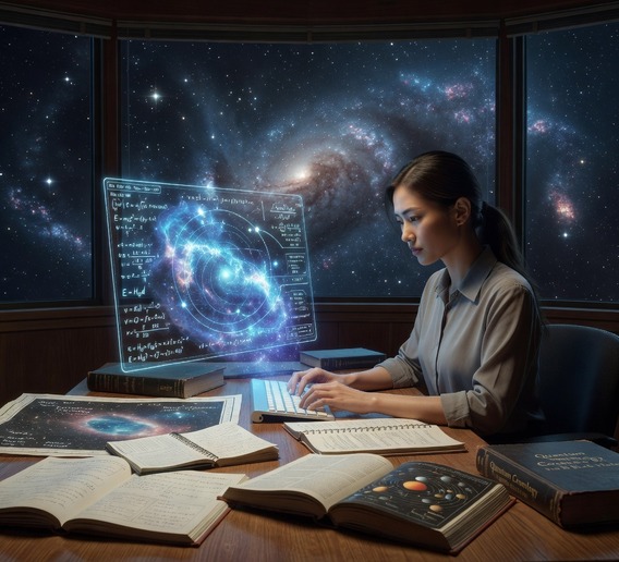 A photorealistic wide-angle scene of a young woman sitting at a desk late at night, surrounded by star charts and open physics textbooks, her face softly illuminated by a holographic AI interface projecting swirling nebula data and mathematical equations into the air before her, deep space visible through the window behind her, cinematic lighting, ultra-detailed, sense of wonder and discovery, futuristic yet intimate