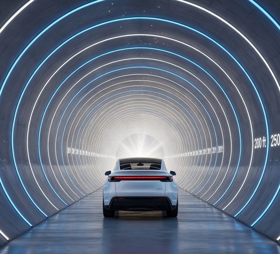 Photorealistic futuristic underground tunnel system with brilliant blue and white LED strip lighting lining the curved walls, a sleek white Tesla Model Y driving through a smooth concrete bore tunnel 12 feet in diameter, depth markers visible on tunnel walls, shot from behind the vehicle showing the tunnel receding into bright light at the far end, hyperdetailed, cinematic lighting, 8k resolution