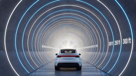 Photorealistic futuristic underground tunnel system with brilliant blue and white LED strip lighting lining the curved walls, a sleek white Tesla Model Y driving through a smooth concrete bore tunnel 12 feet in diameter, depth markers visible on tunnel walls, shot from behind the vehicle showing the tunnel receding into bright light at the far end, hyperdetailed, cinematic lighting, 8k resolution