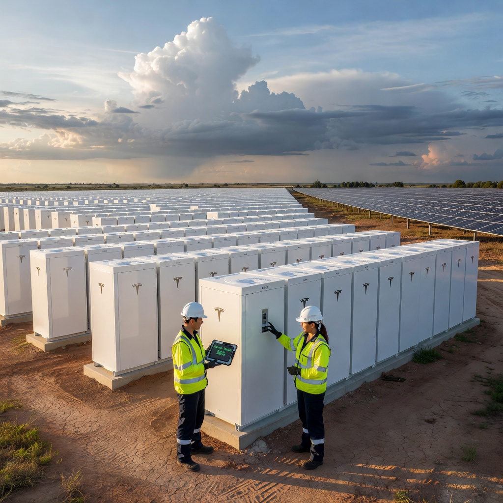 Tesla Megapack battery installation at a solar farm with workers inspecting the massive white battery units