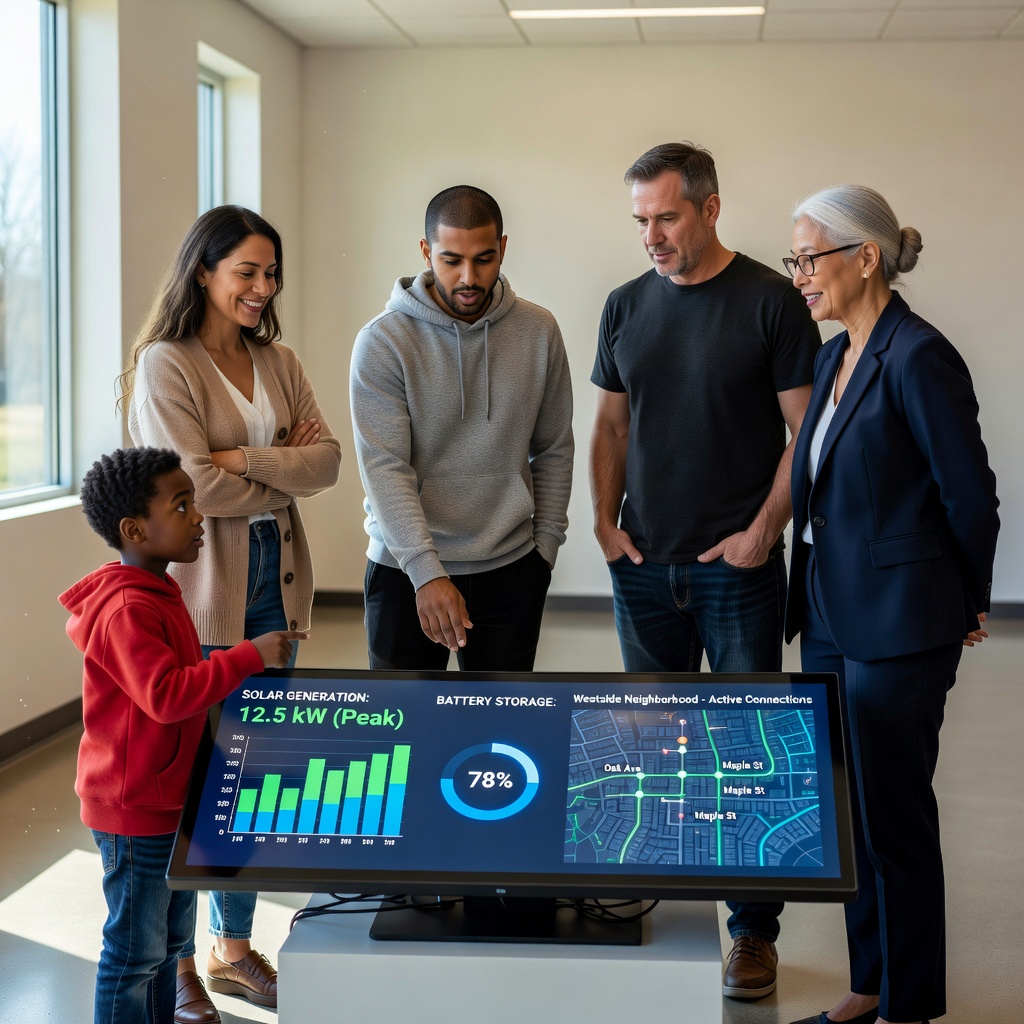 A diverse group of community members monitoring a virtual power plant dashboard on tablets and laptops in a community center