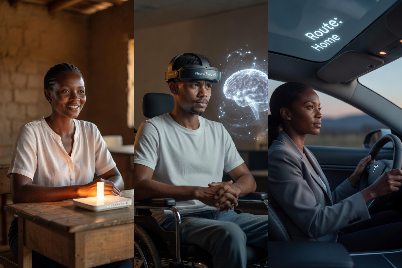 A composite of human faces illuminated by glowing technology interfaces representing Neuralink, Starlink, and Tesla