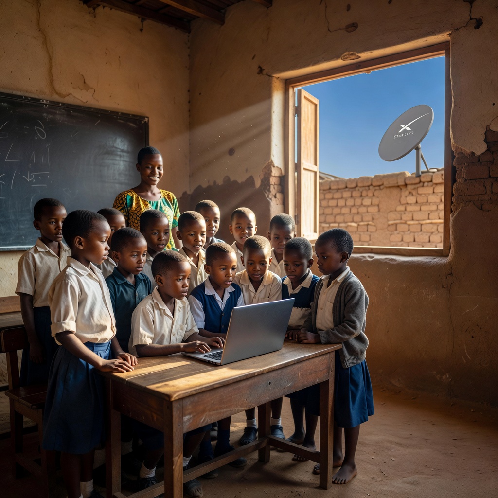 A rural African classroom with children gathered around a laptop connected to a Starlink dish, warm golden light through the windows