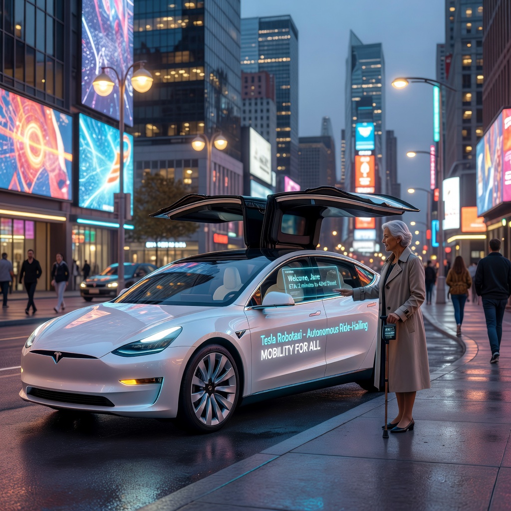 A futuristic Tesla robotaxi picking up an elderly woman in a clean urban environment with autonomous vehicle signage visible