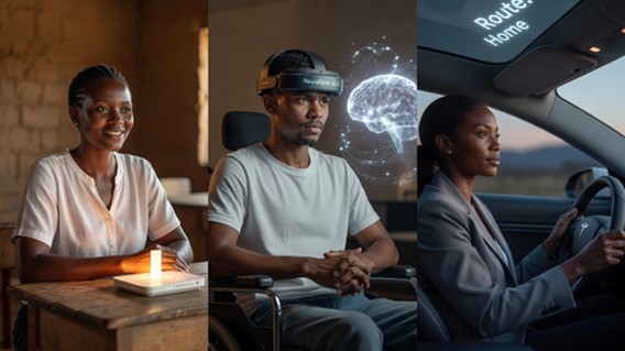 A photorealistic composite portrait collage showing diverse human faces — a Zambian schoolteacher, a paralyzed young veteran, a single mother in a modern car — each face softly illuminated by the glow of different technologies: satellite internet router, neural interface visualization, Tesla heads-up display; cinematic depth of field, warm and hopeful color palette, ultra-high resolution, editorial photography style