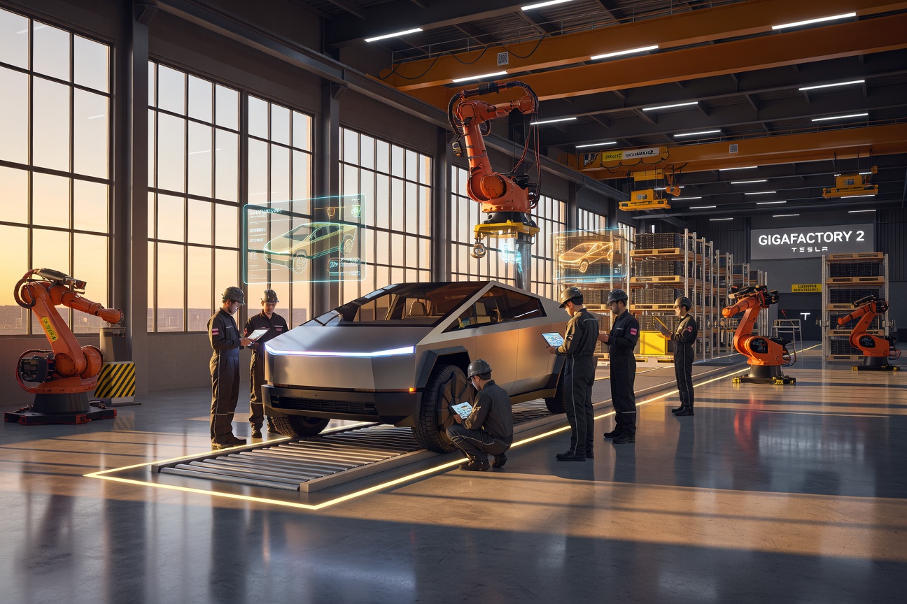 Tesla engineers working on Cybertruck and Semi manufacturing floor with autonomous vehicle technology