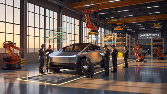 A vast, futuristic Tesla Gigafactory interior at golden hour, teams of engineers in modern workwear gathered around a gleaming stainless steel Cybertruck chassis on an advanced robotic assembly line, holographic data overlays showing manufacturing telemetry, warm industrial lighting casting long shadows across polished concrete floors, cinematic wide-angle composition, photorealistic, ultra-high detail
