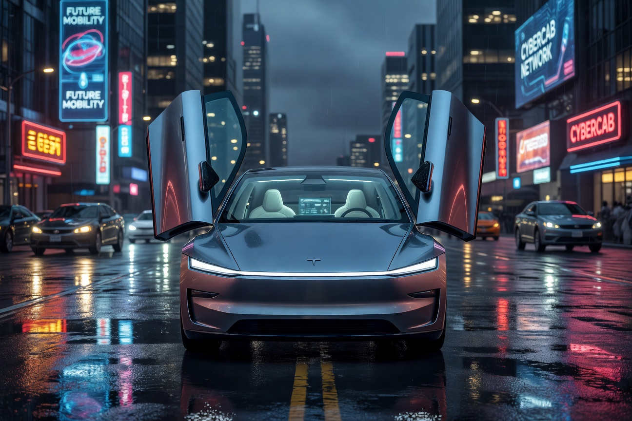 Tesla Cybercab autonomous robotaxi driving through a futuristic city at night