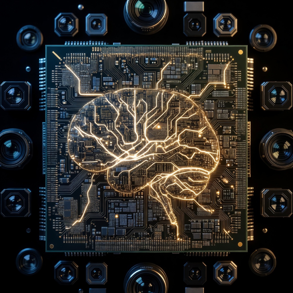 Close-up of Tesla FSD computer hardware and neural network visualization