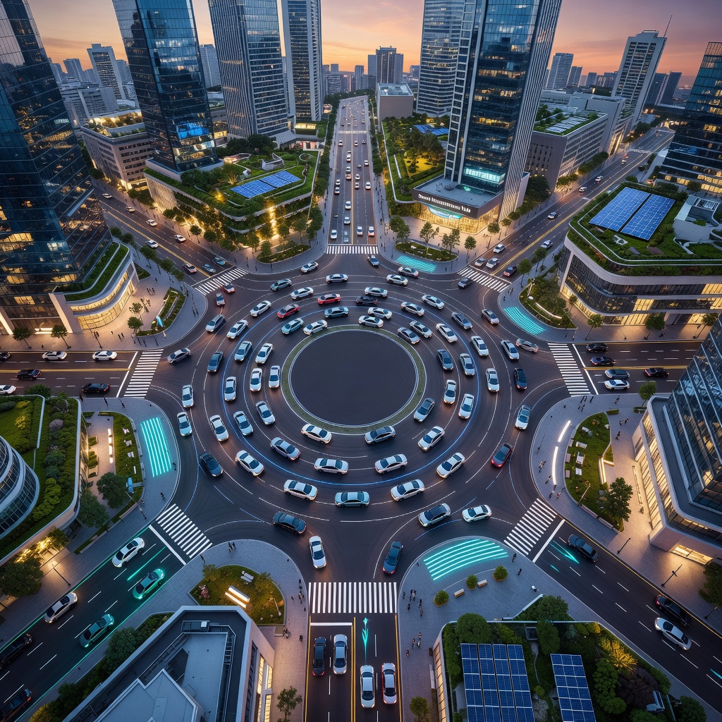 Futuristic smart city street with multiple Tesla Cybercabs moving autonomously