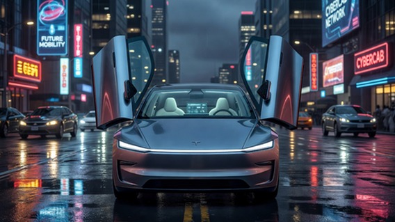 A sleek, doorless Tesla Cybercab with butterfly doors open, gliding silently through a rain-slicked futuristic city street at night, neon reflections on the wet pavement, soft blue interior lighting visible through the windows, no driver present, cinematic wide-angle shot with bokeh city lights in the background, photorealistic, ultra-detailed, 8K