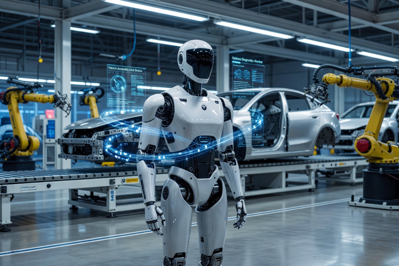 Tesla Optimus humanoid robot working on a factory floor surrounded by glowing data streams