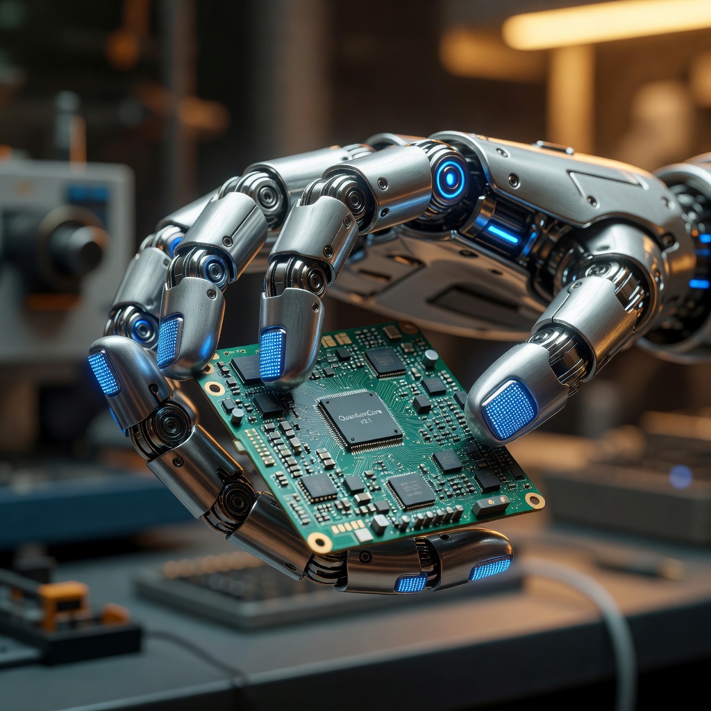 Close-up of Tesla Optimus robot hand performing precise component assembly with glowing actuator joints
