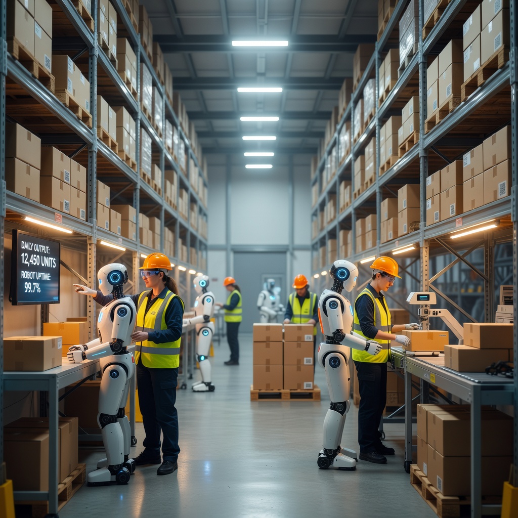 Futuristic warehouse with multiple humanoid robots collaborating with human workers under warm ambient lighting