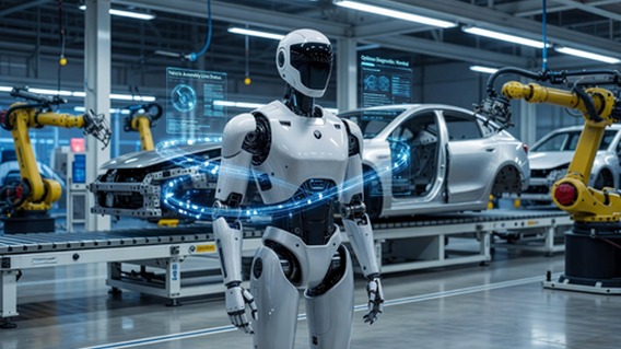 Tesla Optimus Gen 2 humanoid robot standing confidently on a bright, clean Gigafactory production floor, surrounded by glowing holographic data streams and Tesla electric vehicle components, dramatic cinematic lighting with blue and white tones, ultra-realistic rendering, conveyor belts and robotic arms visible in the background, the robot's polished white chassis catching light, photorealistic 8K quality, optimistic futuristic atmosphere