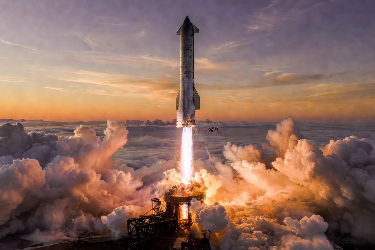 Starship rocket launching against a fiery sky with Earth's curvature visible below