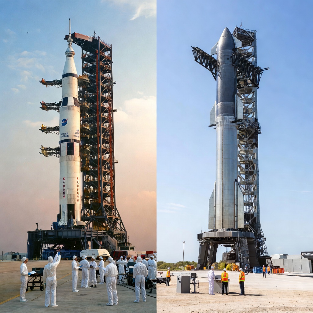 Side-by-side comparison of Saturn V rocket and SpaceX Starship on launch pads