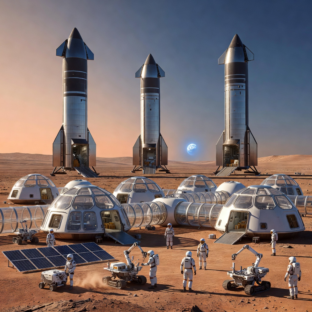 Astronauts walking on Mars surface with SpaceX Starship in the background under a reddish sky