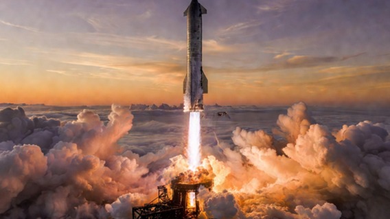 A photorealistic dramatic wide-angle photograph of the SpaceX Starship rocket launching from Starbase Texas at golden hour, massive plumes of fire and steam billowing outward, the rocket's stainless steel body gleaming against a deep orange and purple sky, Earth's curved horizon faintly visible above the cloud layer, the launch tower's mechanical arms visible in the foreground, ultra-high detail, cinematic lighting, sense of awe and scale