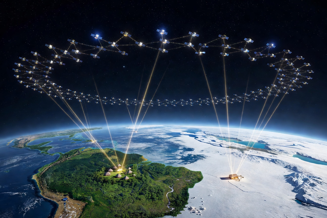 Satellite constellation beaming internet light across the globe over remote rainforest and arctic tundra