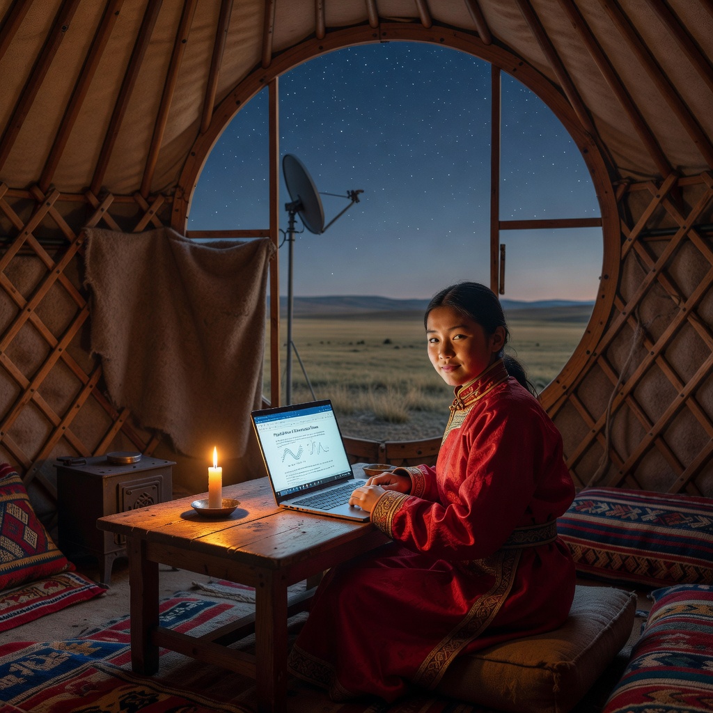 A young student in a remote Mongolian yurt studies on a laptop connected via satellite dish