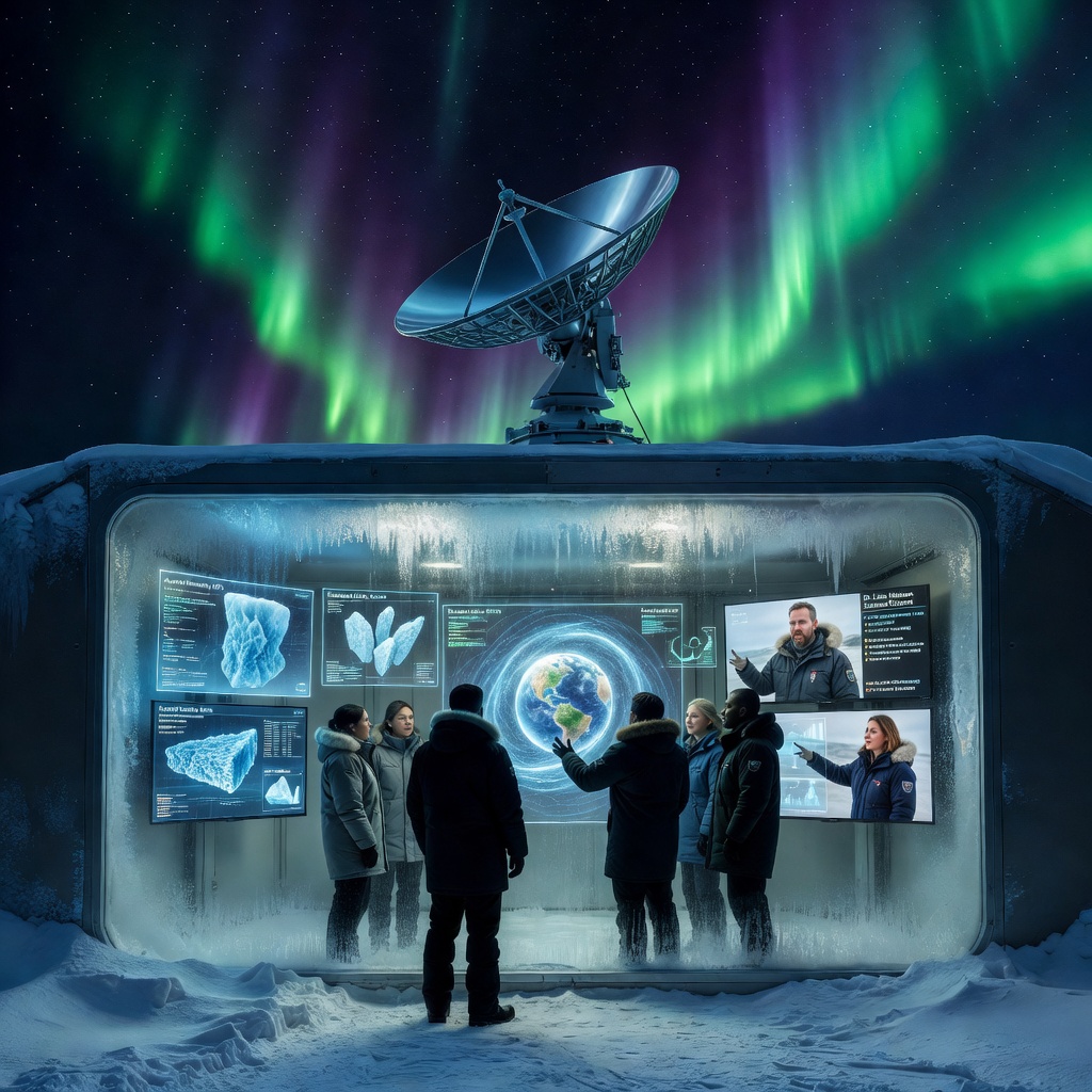 Arctic research station with satellite dish under northern lights with glowing terminal screens inside