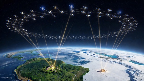 Epic wide-angle composite image showing a glowing constellation of hundreds of small satellites in low-Earth orbit arcing over a lush green Amazon rainforest below and snowy Arctic tundra on the opposite horizon, beams of golden internet light raining down from the satellites onto tiny villages and health posts, cinematic scale, deep blue space, photorealistic, futuristic, hopeful atmosphere, 8K detail