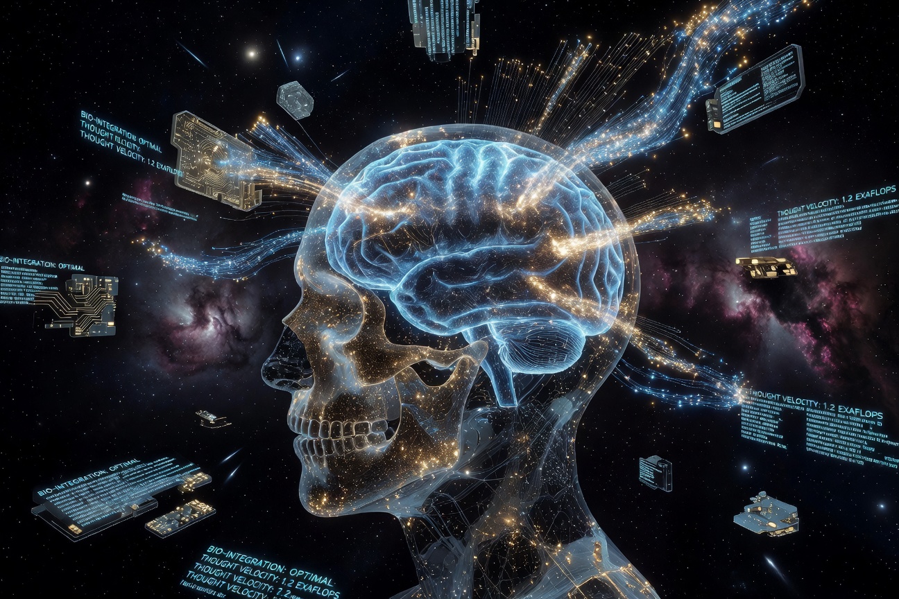 Futuristic brain-computer interface device with neural signals visualized as light streams connecting a human silhouette to digital infrastructure