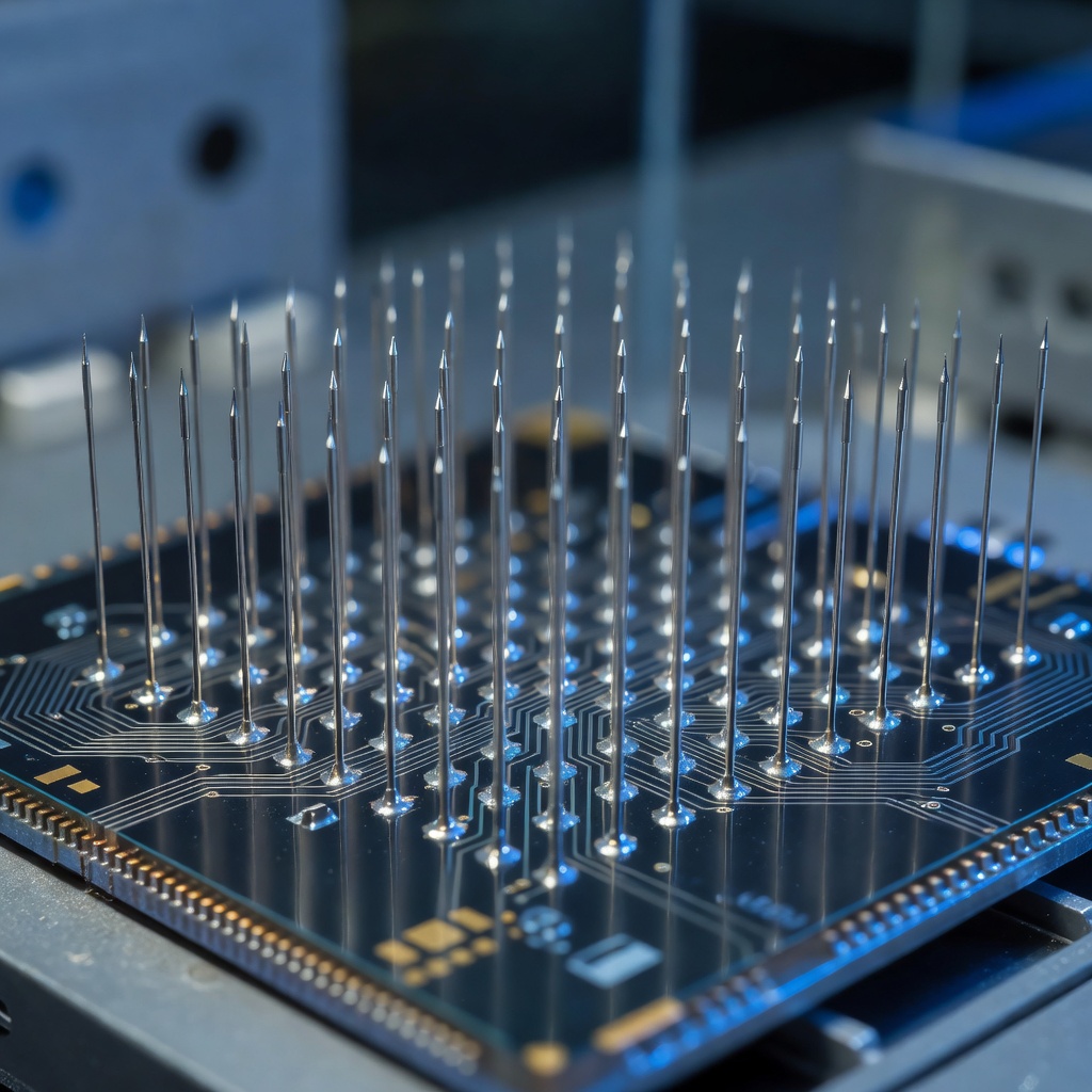 Silicon chip with neural electrode array under microscope, glowing blue circuits arranged in precise geometric patterns representing next-generation BCI hardware