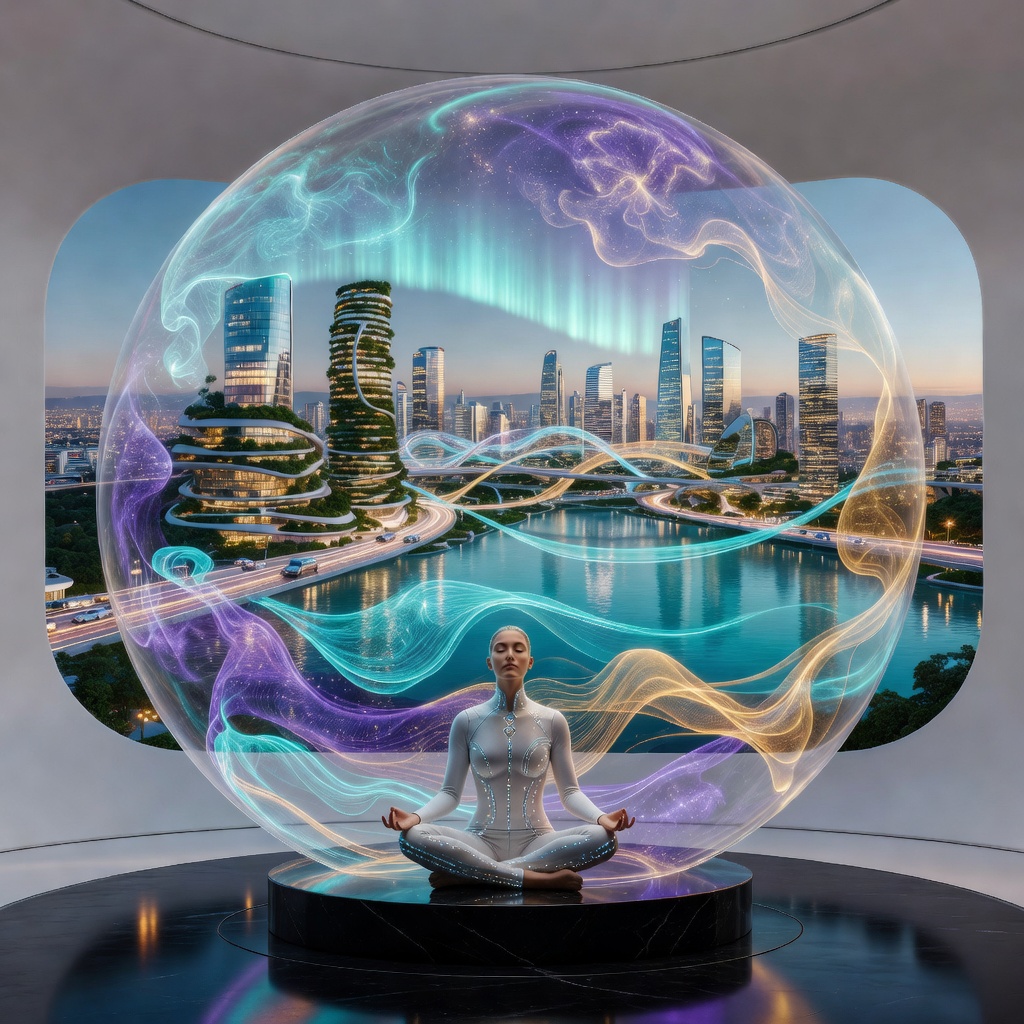 Human figure sitting serenely with translucent digital overlays showing neural activity patterns flowing outward into a connected cityscape, representing augmented human potential integrated with smart city infrastructure