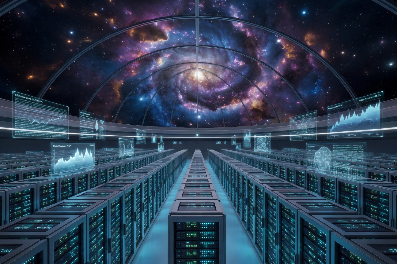 Futuristic AI data center with cosmic universe visualization overlay, representing xAI's mission to understand the universe